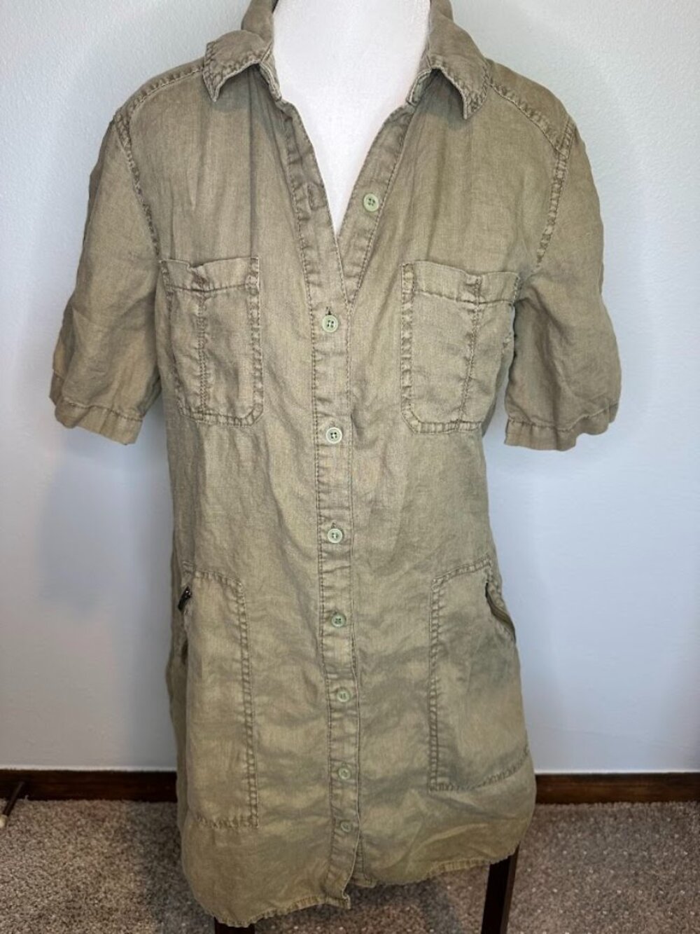 Michael Stars Olive Green Linen Utility Short Sleeve Shirt Dress - S